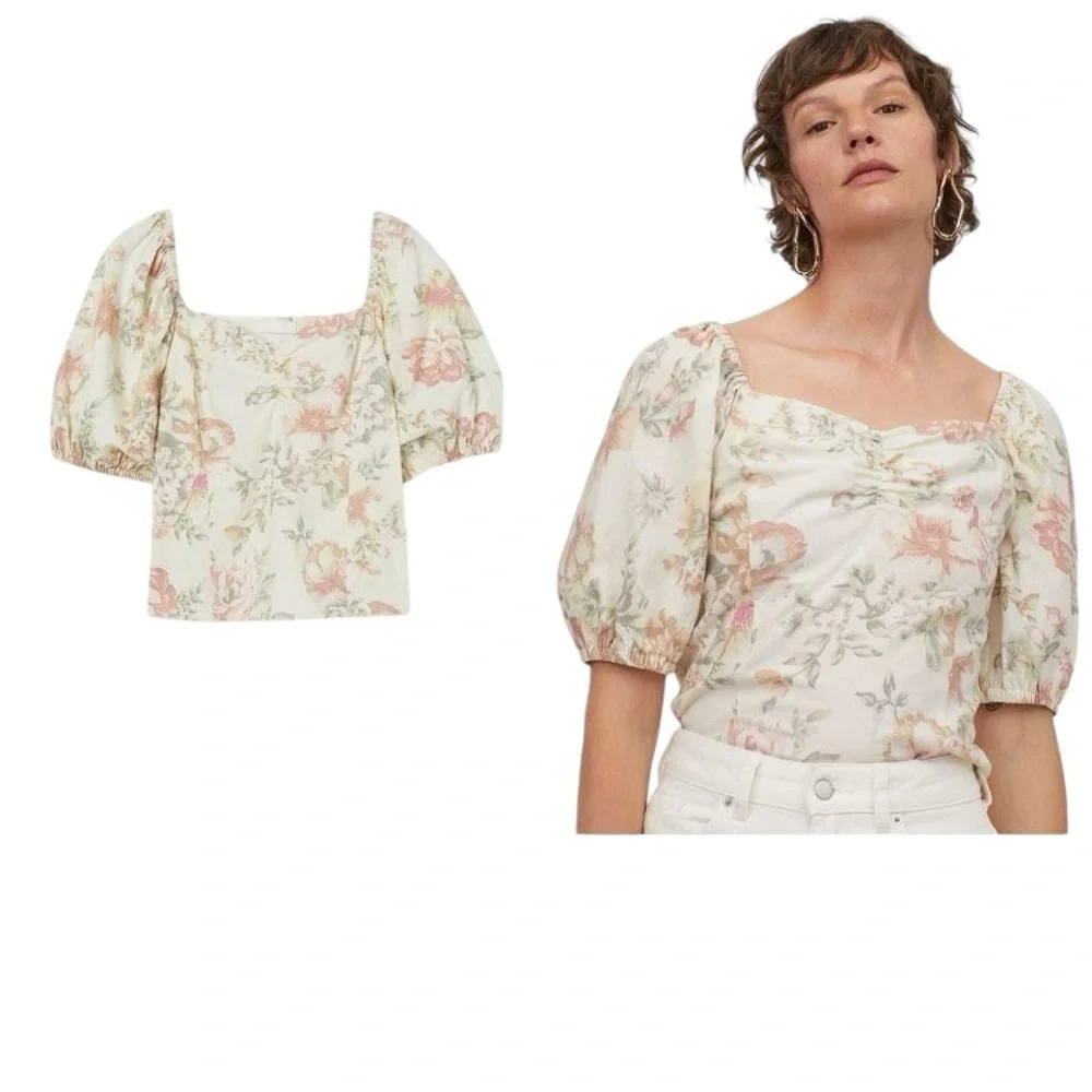 H&M Linen Blend Floral Top Blouse small - Picture 1 of 10